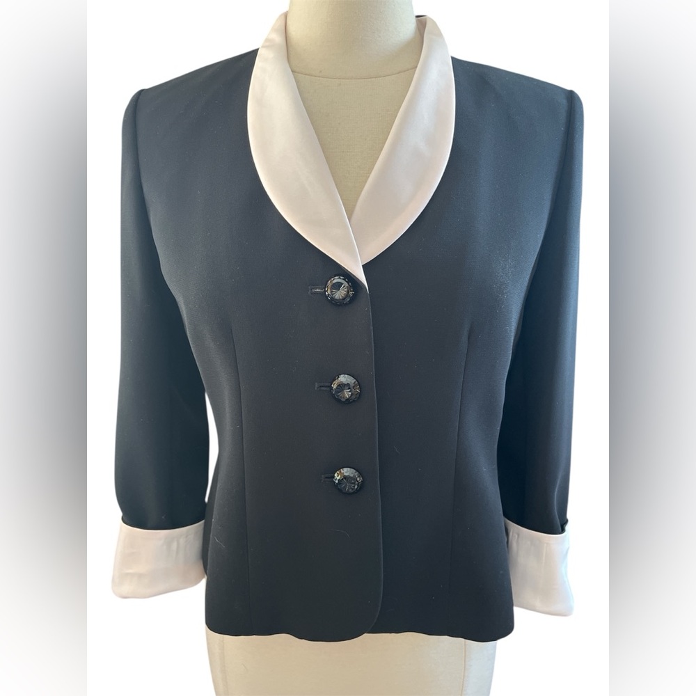 Le Suit Black Blazer w/Pink satin shawl collar & plastic rhinestone buttons.